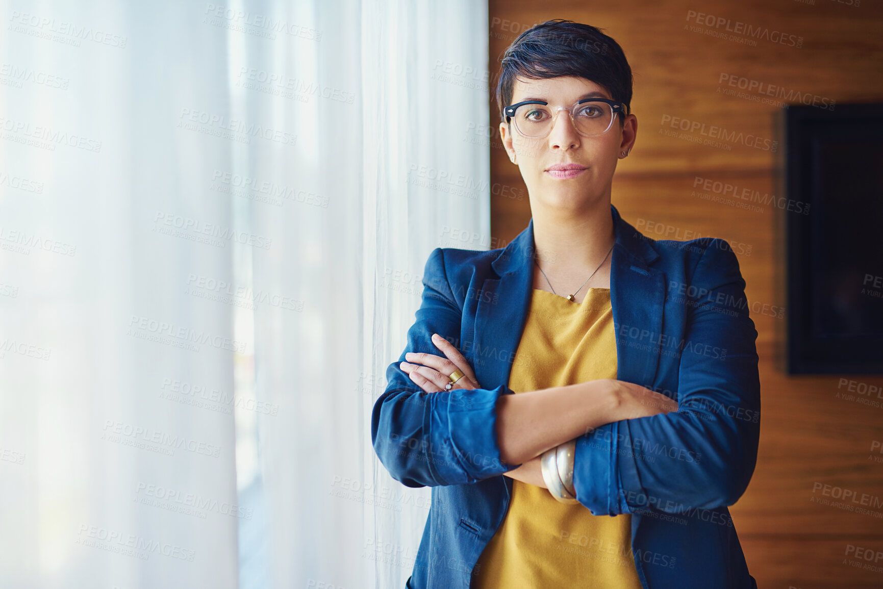 Buy stock photo Business woman, portrait and lawyer with glasses in confidence for management at corporate law firm. Young, female person or agent attorney with arms crossed or formal outfit at office or workplace