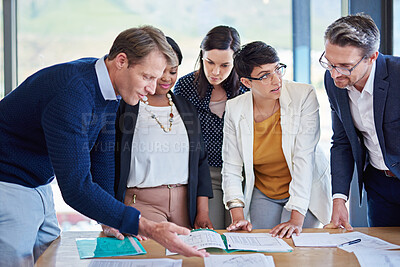 Buy stock photo Documents, planning and strategy with business people in boardroom of office for conversation together. Architecture, budget and meeting with professional employee group brainstorming in workplace