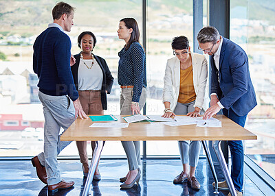 Buy stock photo Documents, meeting and strategy with business people in boardroom of office for conversation together. Architecture, collaboration and meeting with professional employee group talking in workplace