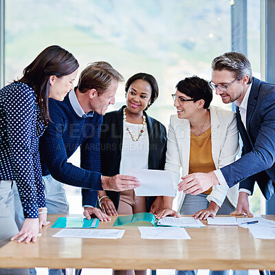 Buy stock photo Collaboration, happy and people with paperwork, boardroom and conversation with women and lobbyist. Business, talking and employees with documents, planning and communication in meeting and men