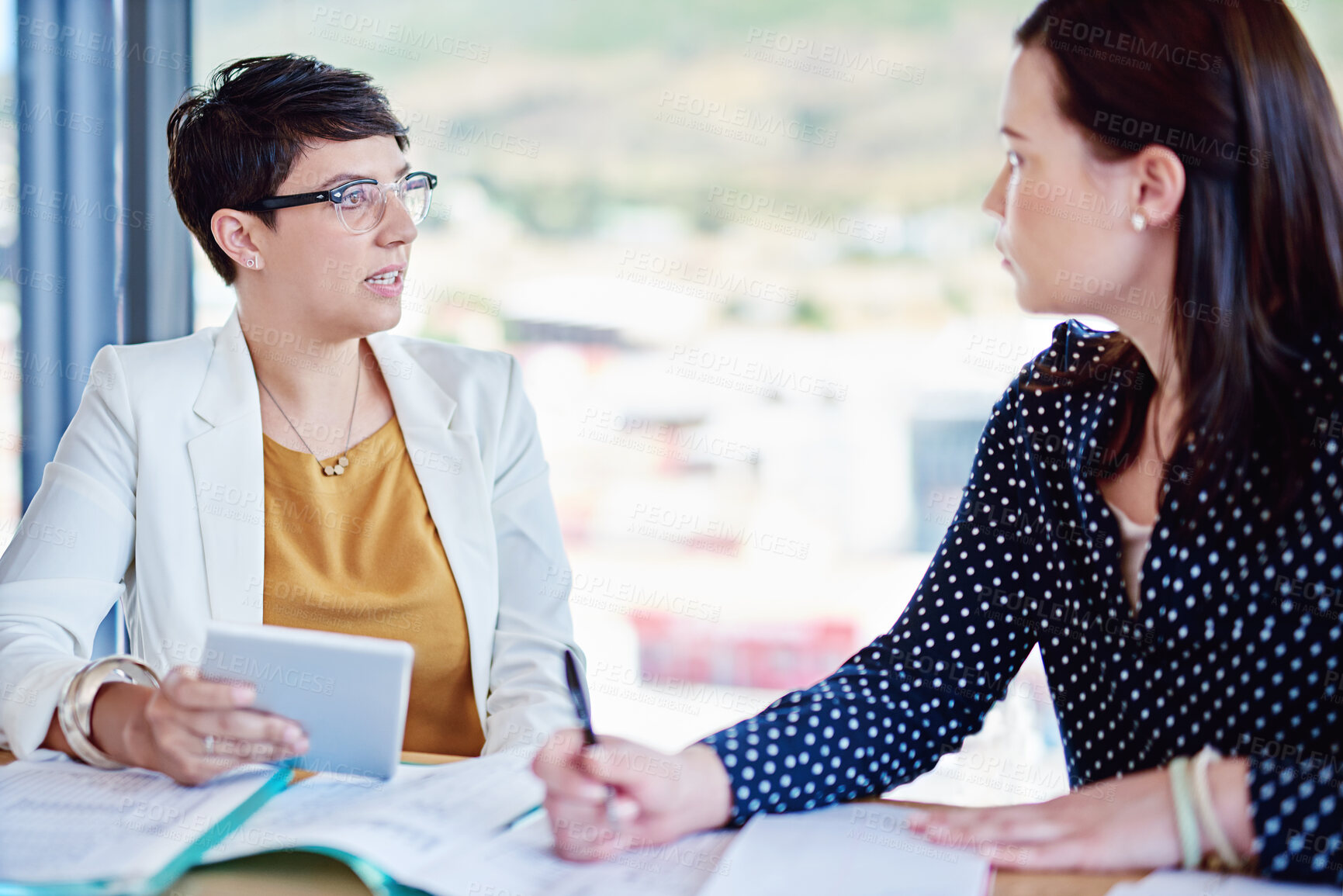 Buy stock photo Collaboration, writing and women with paperwork, office and explaining to lobbyist, people and meeting. Business, talking and employees with documents, planning and tablet in boardroom and ideas