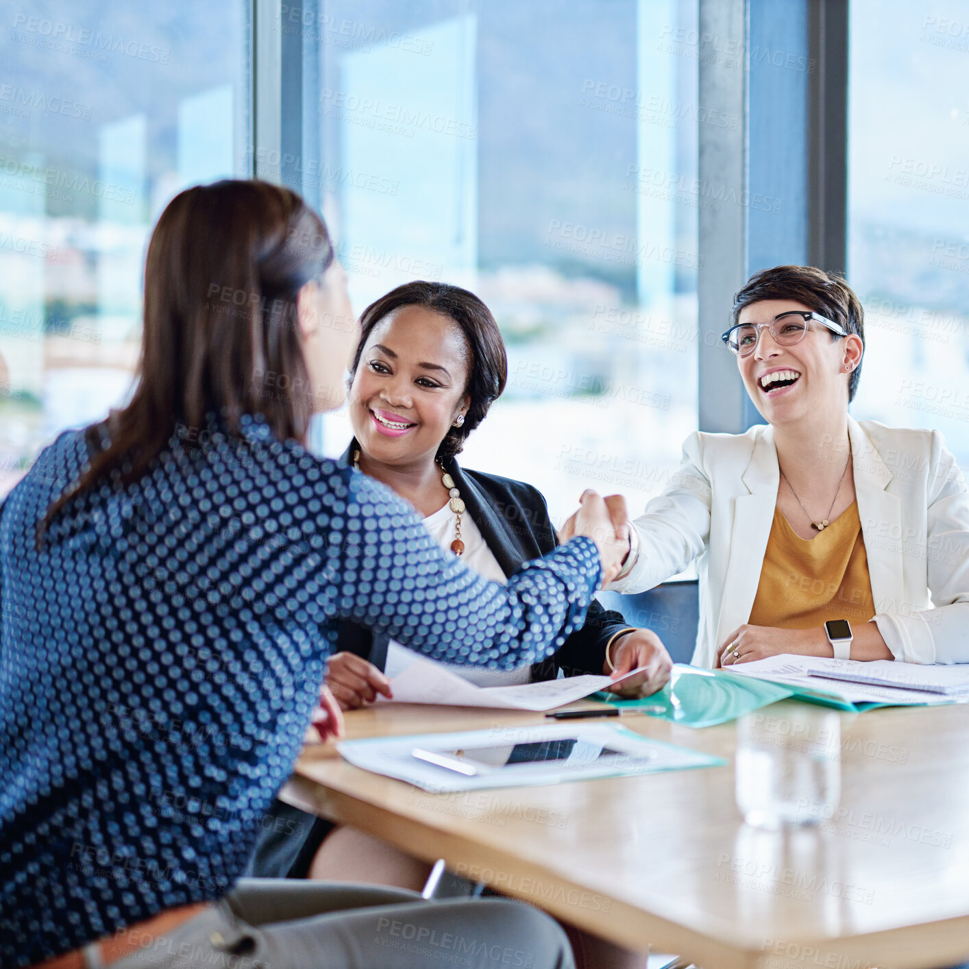 Buy stock photo Smile, business women or handshake for welcome, partnership or investment deal. Offer, agreement or happy team shaking hands for project funding, b2b contract or laugh for financial success in office