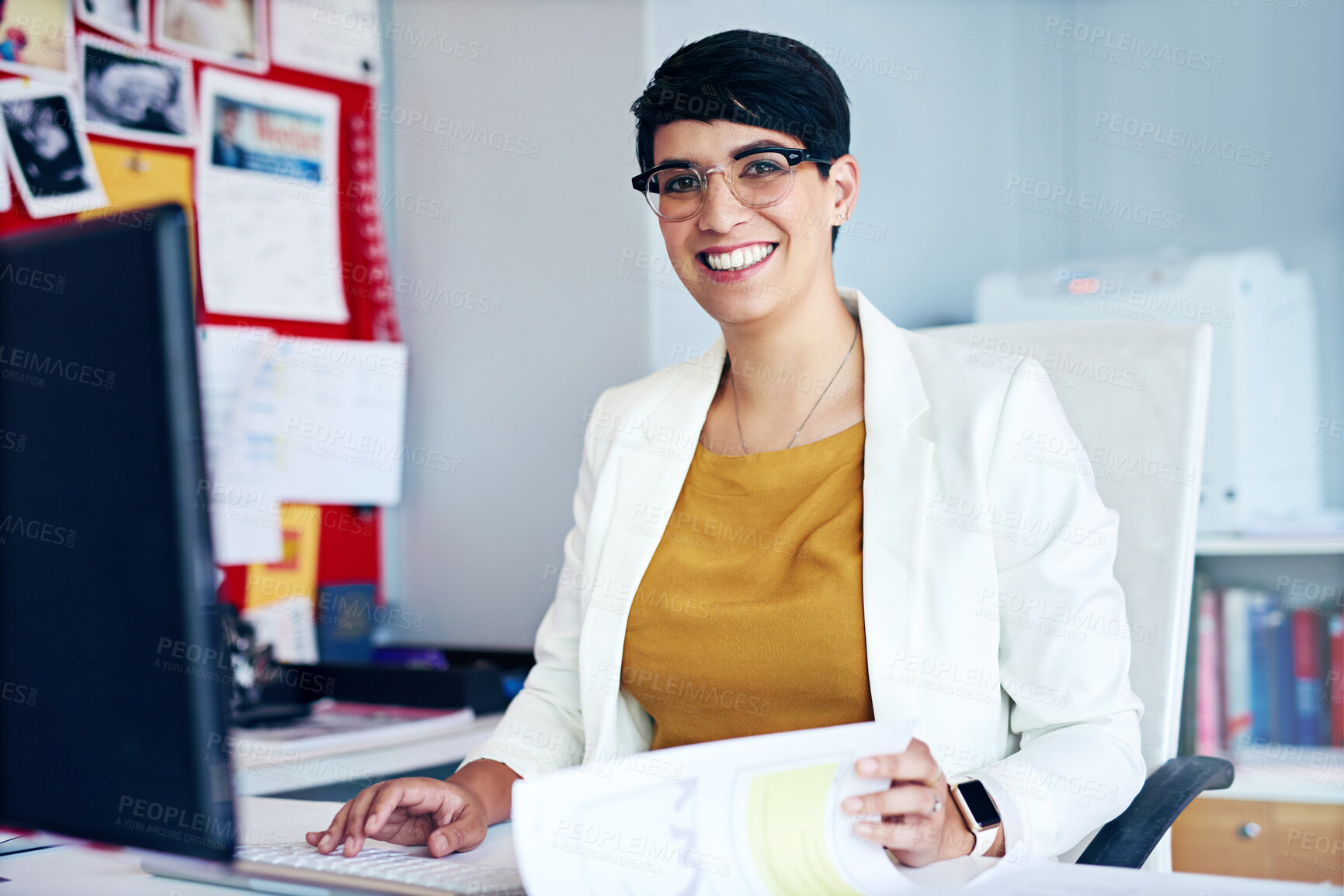 Buy stock photo Portrait, woman and computer with document in office as receptionist, financial schedule and email feedback. Female administrator, glasses and pc for project budget, agenda information and data entry