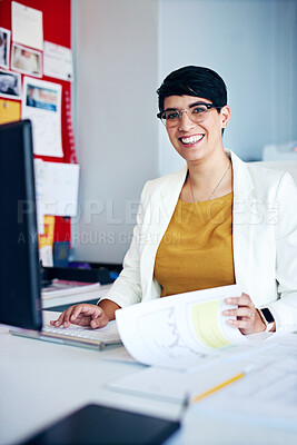 Buy stock photo Portrait, woman and computer with paperwork in office as receptionist, financial schedule and email feedback. Female administrator, glasses and pc for project budget, legal information and data entry