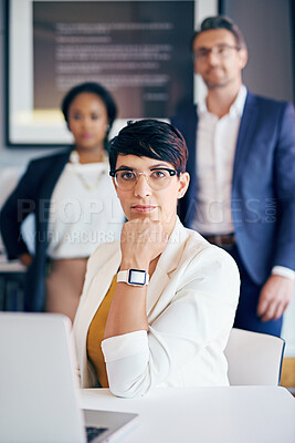 Buy stock photo Laptop, portrait and team with business woman in office for online solution, planning and brainstorming. Startup project, collaboration and digital campaign specialist with employee in agency