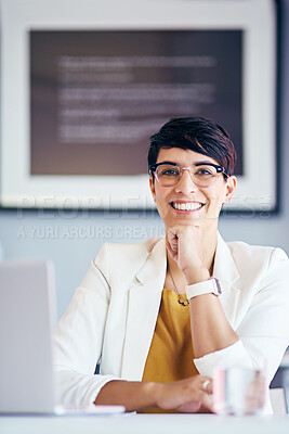 Buy stock photo Business, woman and happy with laptop at office on portrait with pride for project or task as creative director in Spain. Female person, employee and smile in confidence for growth magazine editor