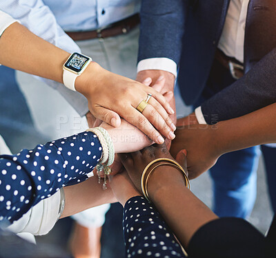 Buy stock photo Hands together, business and above in meeting, team building and collaboration for workshop or success. Group, people and cooperation for unity in office, synergy or positive as colleagues with trust