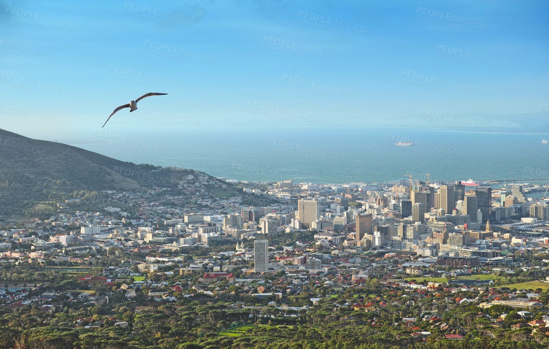 Buy stock photo Ocean, travel and city on hill with blue sky, buildings or bird flying on tropical coastal town location. Nature, cityscape and urban development on island with water, mountain or holiday destination