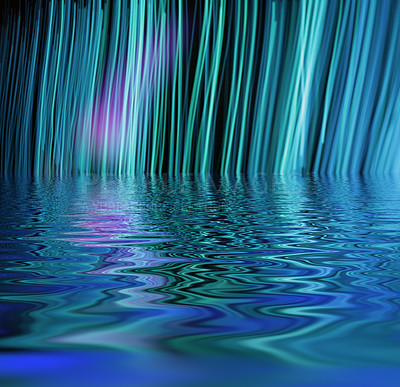 Buy stock photo Liquid, light and neon pattern on wallpaper with fluid waves, shine and creative cyberpunk aesthetic. Water, texture and abstract dream fantasy with psychedelic color glow on digital art background.