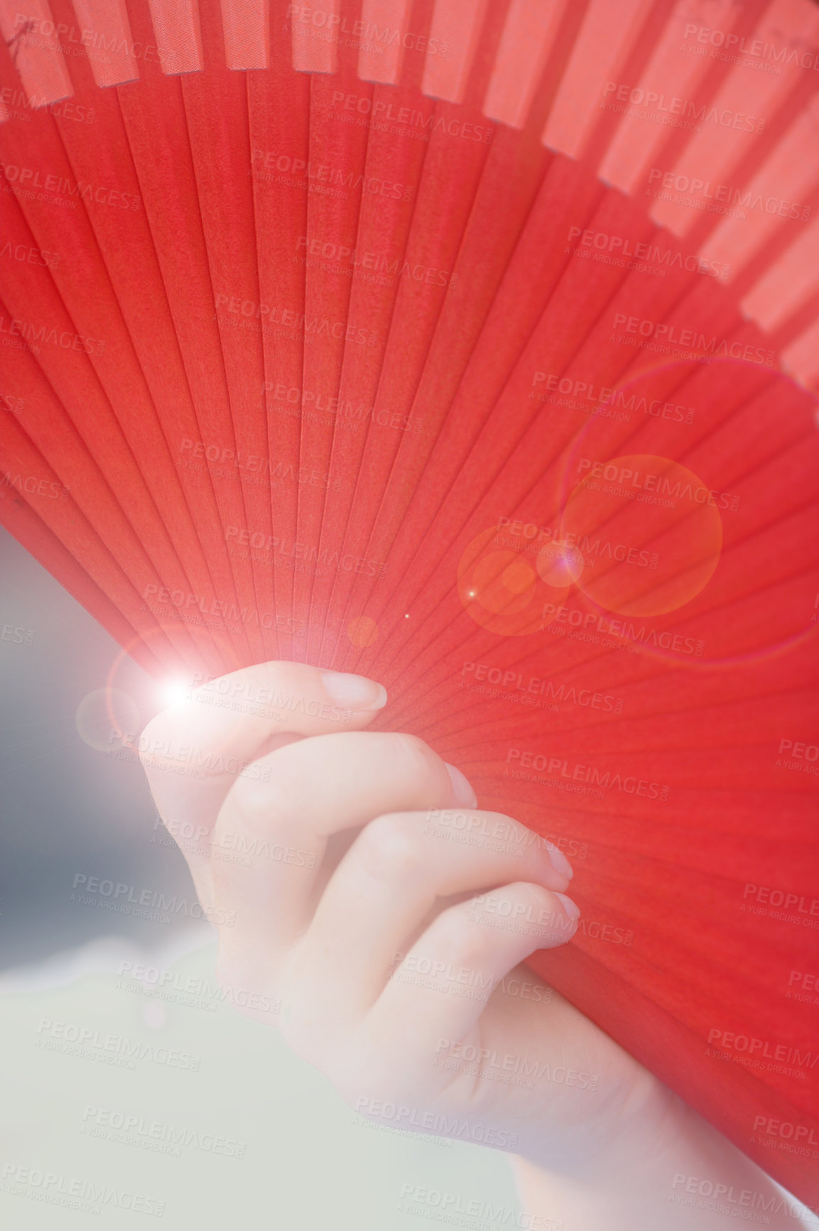 Buy stock photo Asia, culture and hand of woman with fan for dance, celebration or elegant costume aesthetic. Tradition, ritual and person with red paper accessory, decoration or art for Chinese new year festival