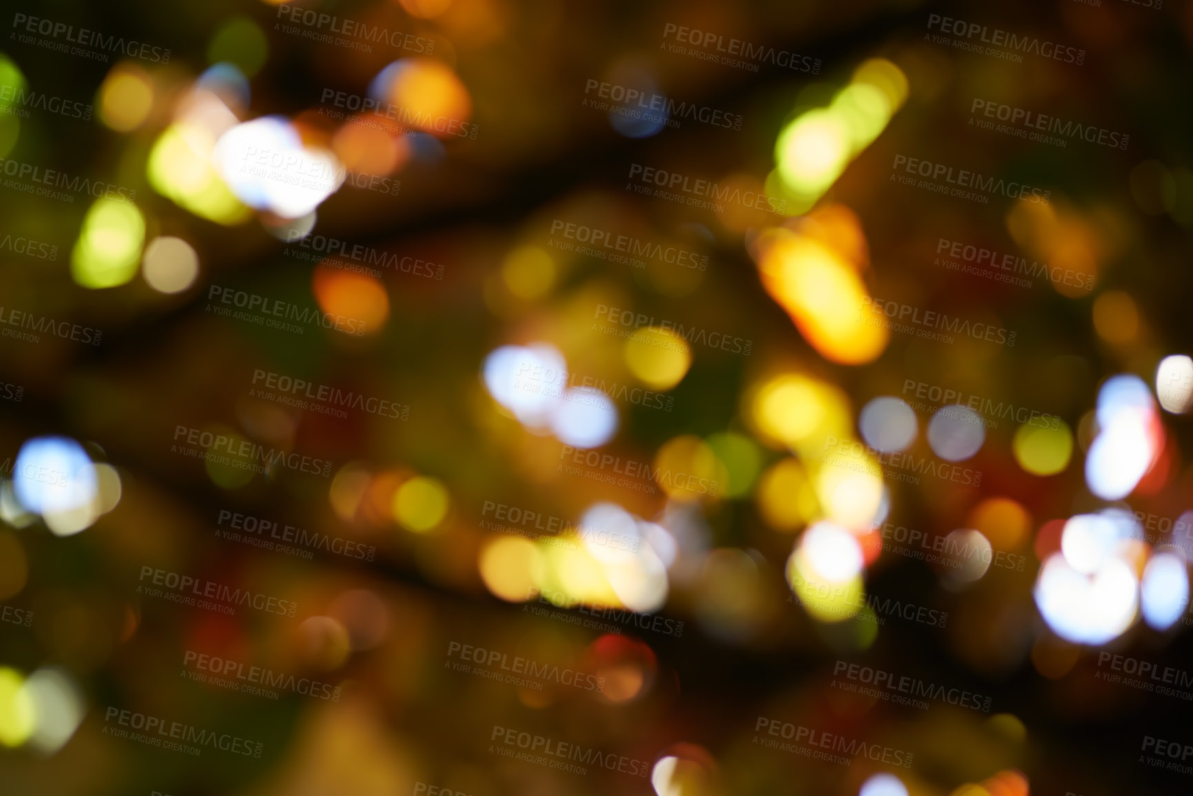 Buy stock photo Festival, lights and creative background with bokeh, texture and dots with fantasy glow on night aesthetic design. Shine, art and garden party lighting particles for celebration on blurred wallpaper