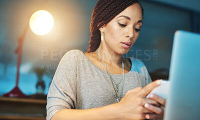 Buy stock photo Business, woman and smartphone in office at night with typing text message, reading notification and mobile chat. Professional, employee or phone at desk for social media scroll or search at overtime