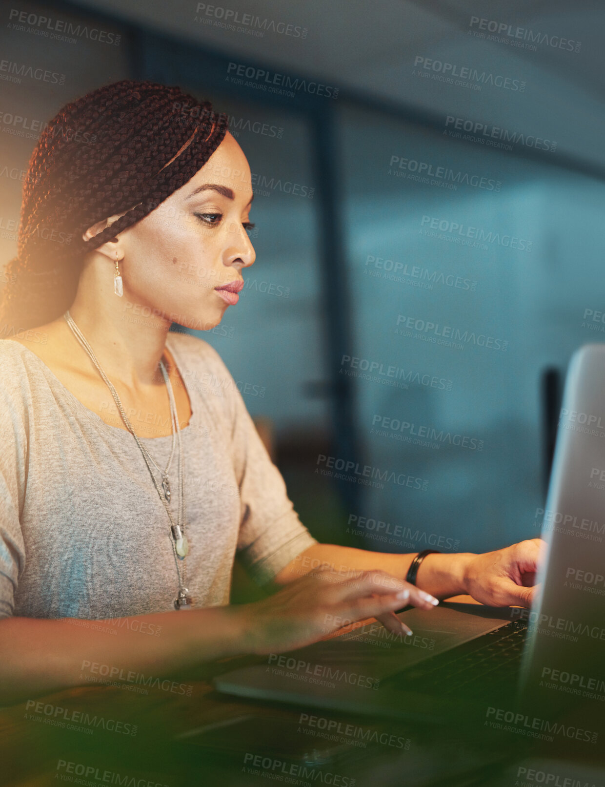 Buy stock photo Creative, woman and laptop for reading in office for editorial feedback, research reports and news articles or updates. Female journalist, internet and serious for copywriting, publishing and editing