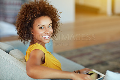 Buy stock photo Portrait, relax and woman in house, morning and confident in living room, weekend and break on couch. Calm, proud and happy person in lounge, rest and peace in apartment, chilling and joy in home