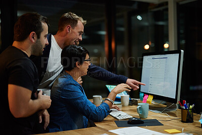 Buy stock photo Business people, screen and collaboration at night for diversity, information technology and coding. Research, programming and computer for problem solving, software development and cybersecurity app