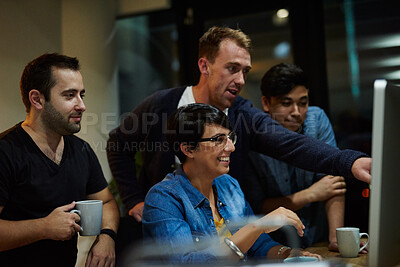 Buy stock photo People, computer and collaboration at night for planning, information technology and pointing with diversity. Research, programming and teamwork for problem solving, software development and project