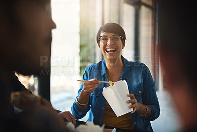 Buy stock photo Creative, business and woman in meeting with fast food, smile and planning for collaboration together. Eating, lunch and happy design team in workshop for development, growth and laughing in office