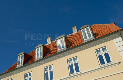 Buy stock photo Apartment, building and window in city for real estate, mockup and low angle outdoor. Glass, home exterior and facade of vintage architecture for design, construction or property investment in Sweden