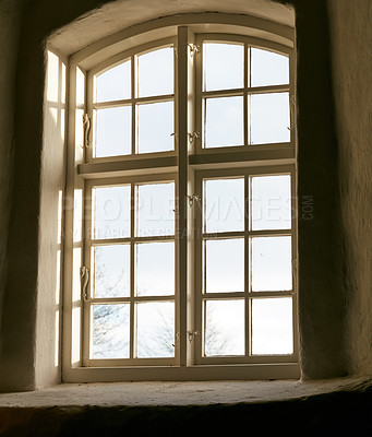 Buy stock photo Windows, house and building with view, structure and empty with architecture, hospitality and woodwork. Frame, natural light and day with sunshine, historic space and apartment with paint and hotel