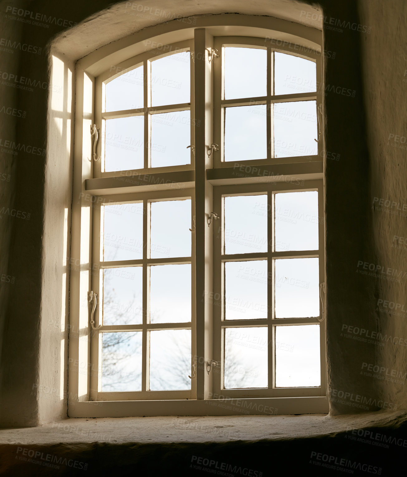 Buy stock photo Windows, house and building with view, structure and empty with architecture, hospitality and woodwork. Frame, natural light and day with sunshine, historic space and apartment with paint and hotel