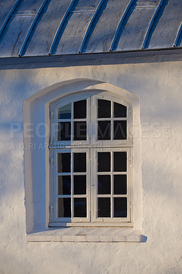 Buy stock photo Vintage house, building and window in city for mortgage, investment and apartment sale outdoor. Glass, home exterior and facade of old architecture for design, wall and real estate property in UK