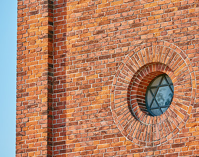 Buy stock photo Architecture, building and window of temple outdoor for worship location, culture travel and pentagram symbol. Brick wall, property and prayer ritual of vintage history, religion and paganism sigil