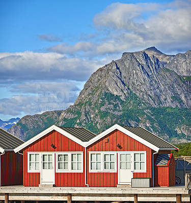Buy stock photo Architecture, cabin and buildings with mountain outdoor for vacation travel, wooden structure and countryside. Houses, design and village expansion with cottage, nature view and Sweden destination