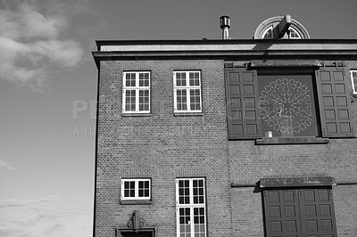 Buy stock photo Architecture, building and vintage church in black and white for religion, worship location and faith design. Brick wall, windows and structure of christian culture, traditional cathedral and history