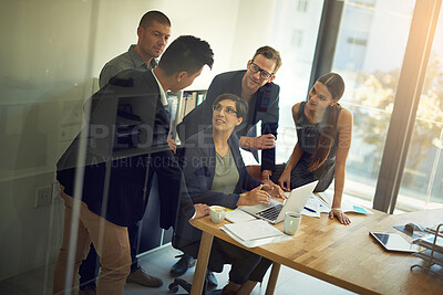 Buy stock photo Business people, laptop and collaboration for diversity, feedback and development strategy in office. Research, technology and partnership for corporate training, briefing report and project review