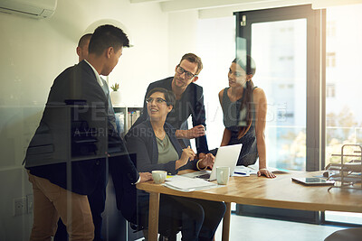 Buy stock photo Business people, laptop and partnership in office for diversity, planning and development strategy. Research, technology and collaboration for corporate training, briefing report and project review