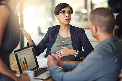 Buy stock photo Discussion, stats and teamwork in office, laptop and email with feedback for project, talking and ideas. Brainstorming, market analyst and review of assignment, documents and people in agency