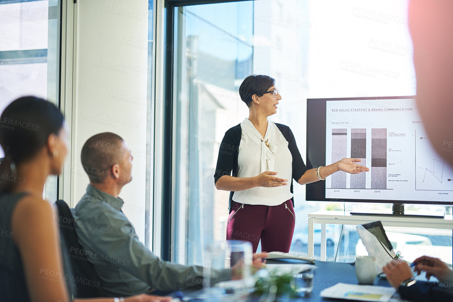 Buy stock photo Employees, boardroom and statistics on screen for presentation, report and feedback as finance analyst. Business, people and discussion in meeting for financial solution, company growth and results