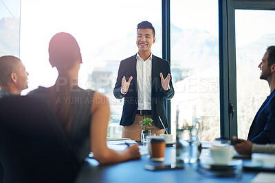 Buy stock photo Meeting, presentation and man in office with discussion, collaboration and planning growth proposal. Ideas, development and business people in conference room with advice, strategy and sales pitch