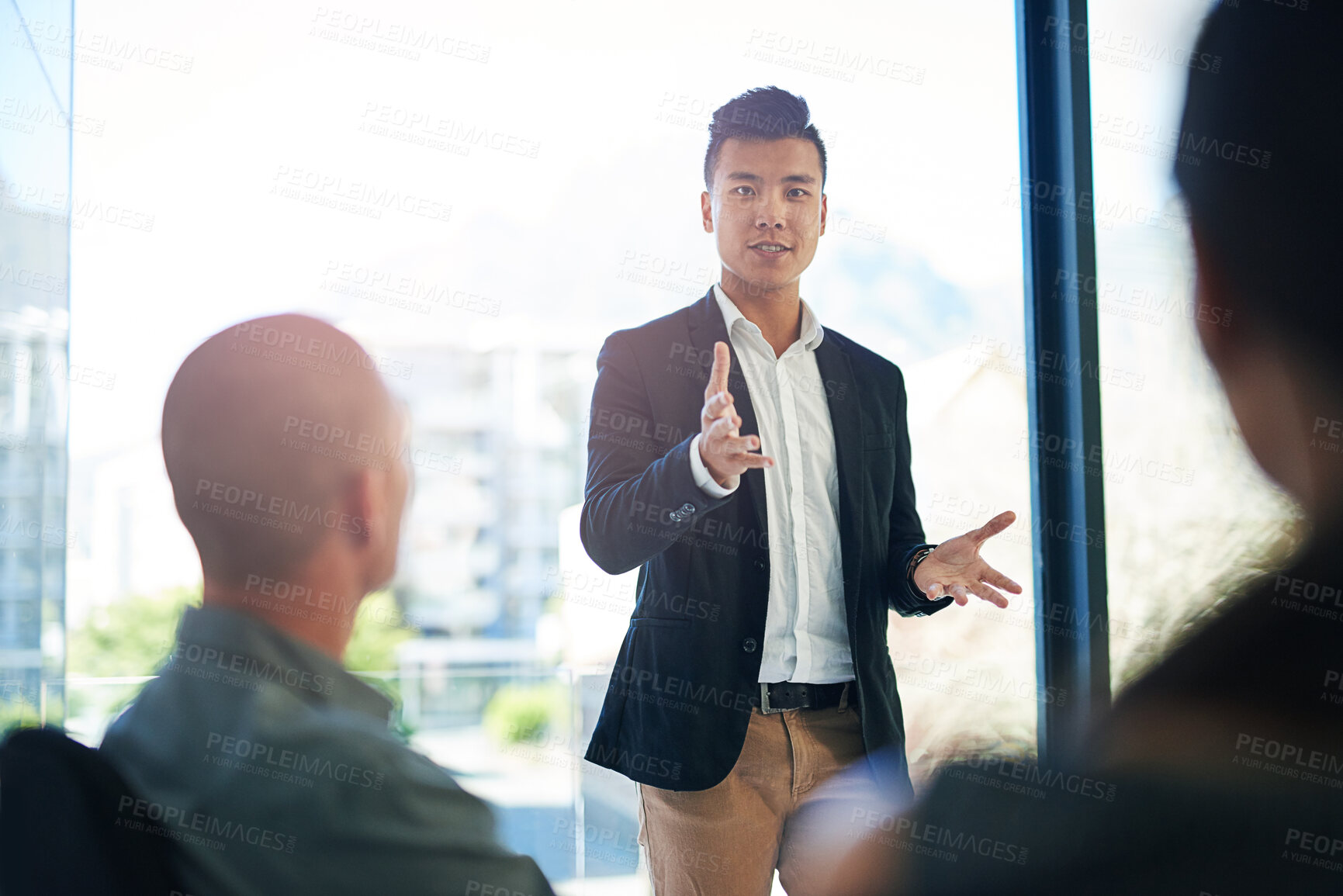 Buy stock photo Meeting, presentation and man in office with ideas, collaboration and planning growth proposal. Discussion, development and business people in conference room with advice, strategy and sales pitch