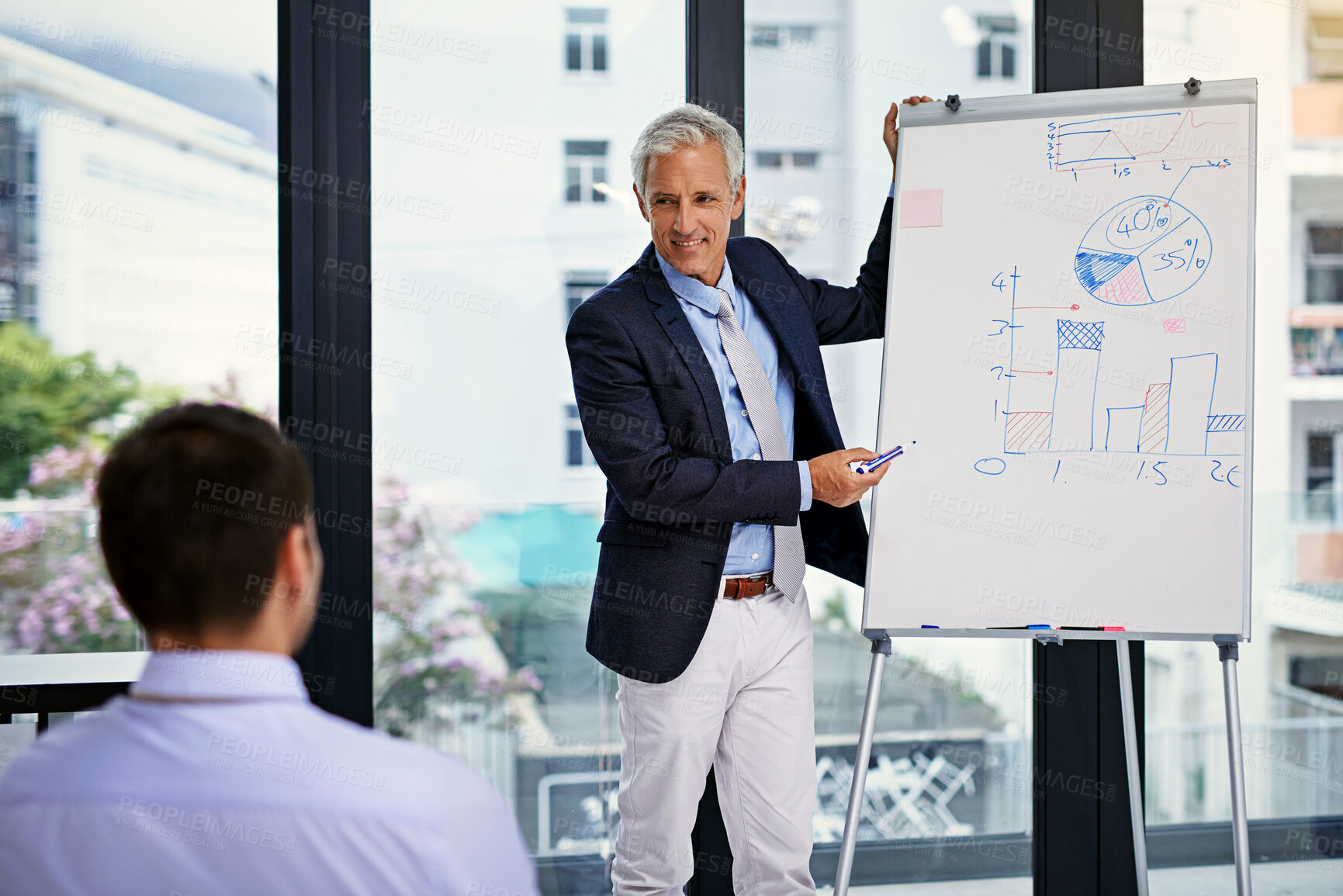 Buy stock photo Businessman, whiteboard and graphs for meeting, collaboration and mentorship with workshop planning. Discussion, presentation and strategy for growth, future and investment for company and goals