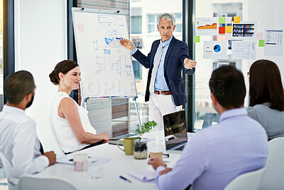 Buy stock photo Businessman, whiteboard and graphs for brainstorming, collaboration and mentorship for workshop planning. Discussion, presentation and meeting for growth, future and investment for company and goals