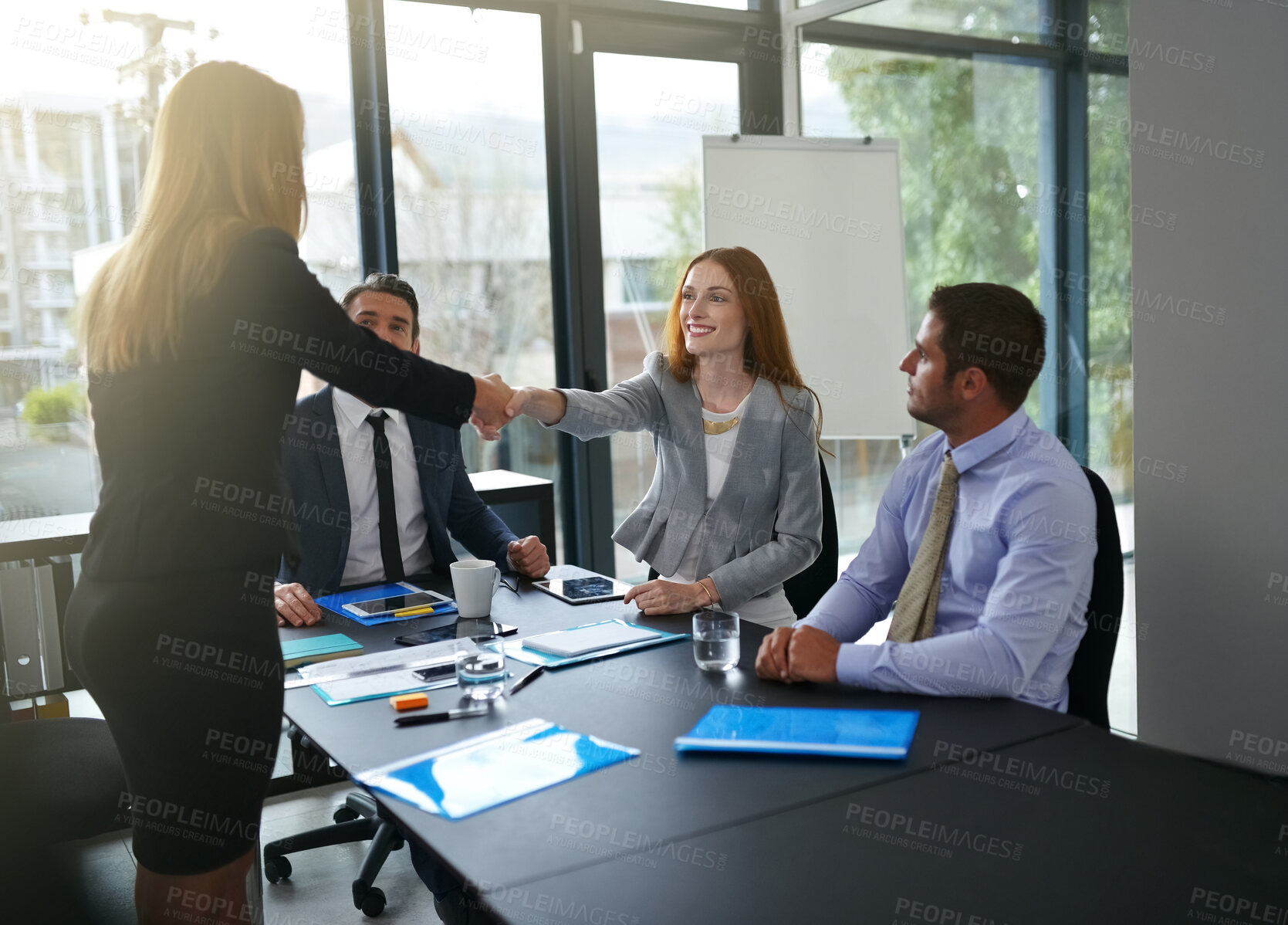 Buy stock photo Business people, company investor or shaking hands in meeting for funding, teamwork or partnership. Collaboration, agreement or investment banker greeting manager for financial negotiation and deal