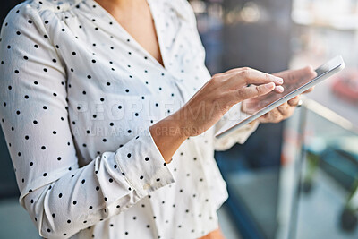 Buy stock photo Office building, balcony and hands of woman with tablet for investment, feedback and economy news. Stock broker, online and planning with tech for digital currency research, email and budget report