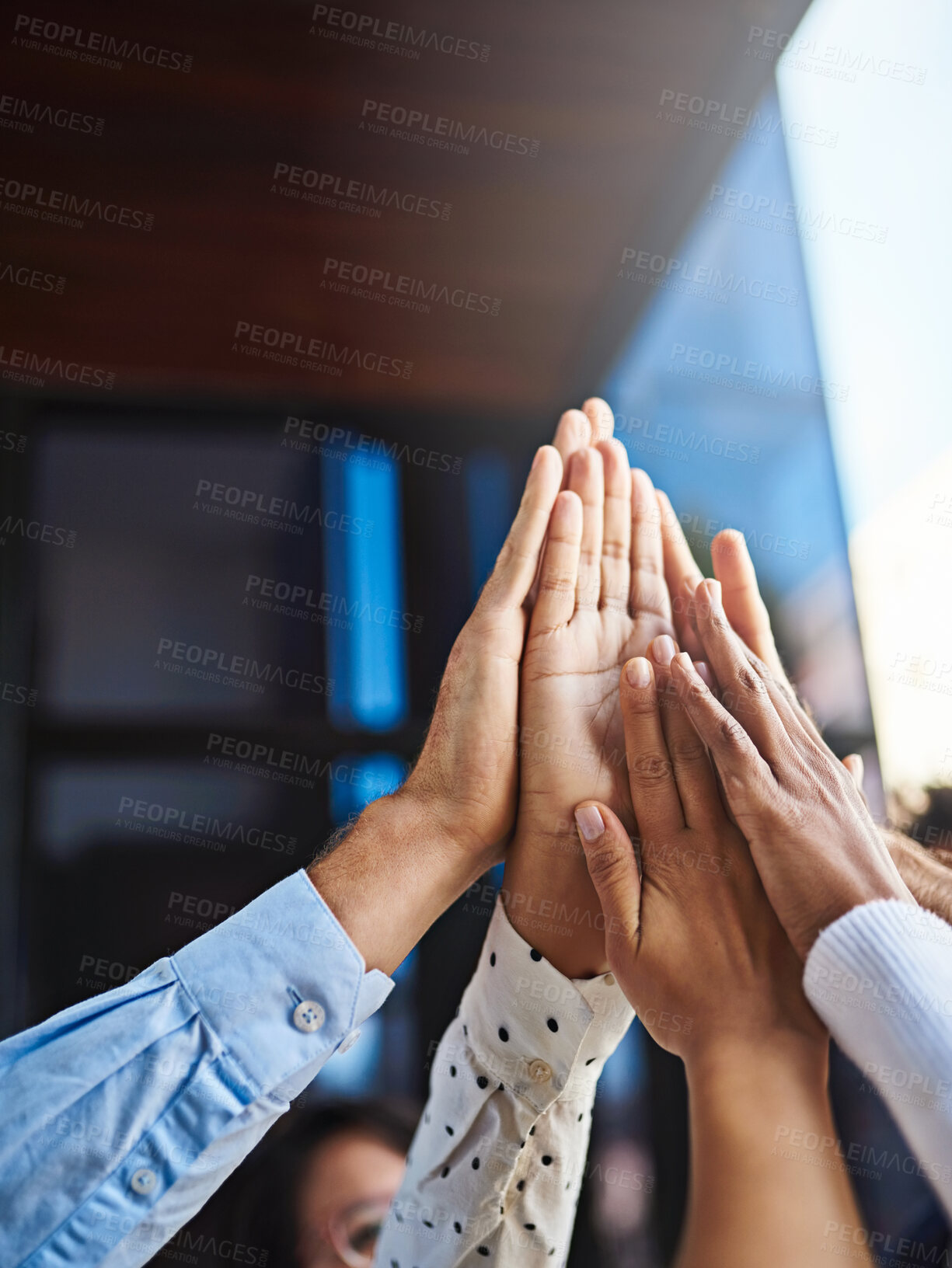 Buy stock photo High five, hands and business people with support, motivation and teamwork success. Closeup, collaboration and diversity of staff with startup achievement and company solidarity in office together