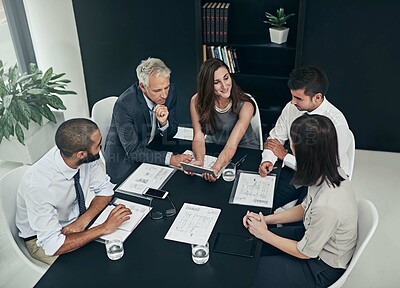 Buy stock photo Above, lawyer and business people in meeting, tablet and conversation with planning in modern office. Employees, attorney and coworkers with documents, tech and digital app with research and teamwork