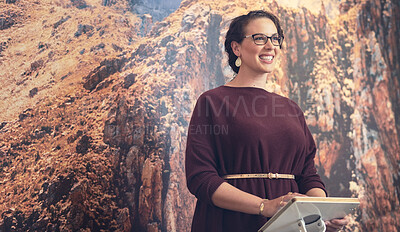 Buy stock photo Store, checkout and woman with smile, business owner and entrepreneur with confidence. Employee, cashier and person with happiness shop and payment point for transactions, friendly service or startup