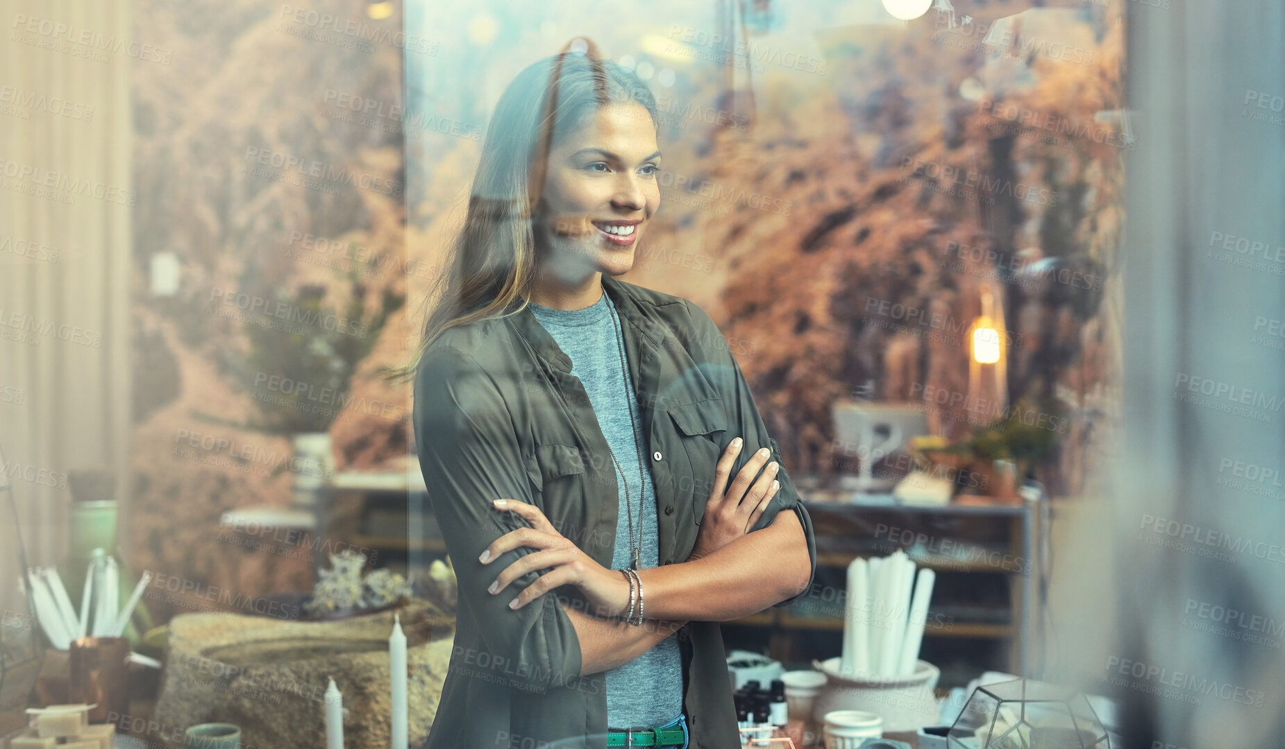 Buy stock photo Arms crossed, smile and thinking with woman in shop window for management of small business boutique. Idea, planning and vision of growth or future with happy store owner person in startup company