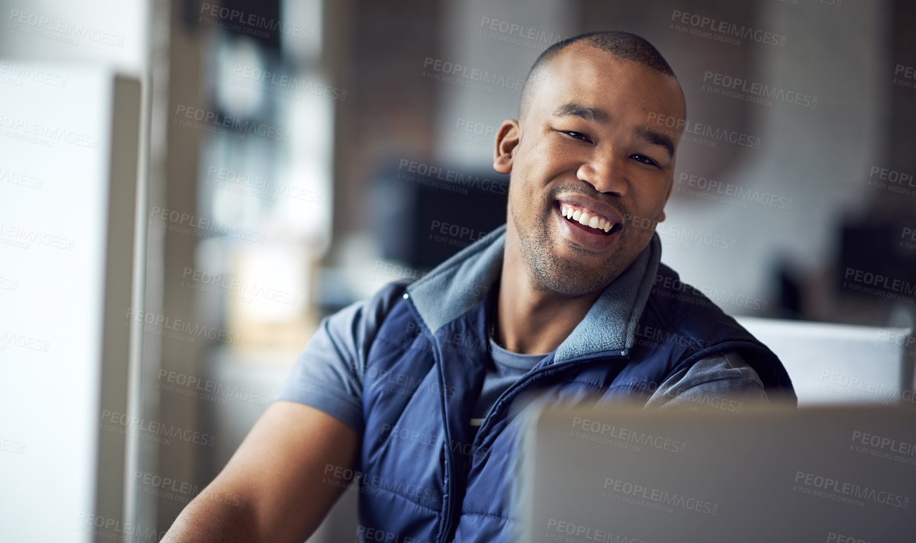 Buy stock photo Portrait, black man or designer on computer in office for creativity, online update or startup project. Smile, technology or editor in agency for consultation, web development or networking at desk