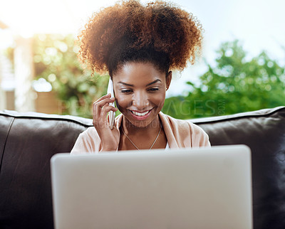 Buy stock photo Reading, black woman and laptop with phone call in home for university results, education and planning. Smile, happy and college student with mobile for discussion, online website and registration