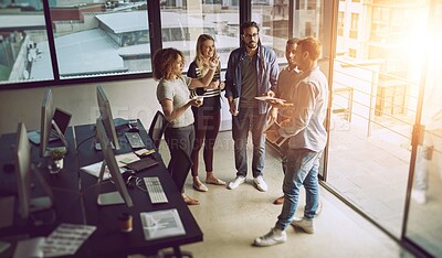 Buy stock photo Meeting, collaboration and teamwork with business people in office for planning, support or diversity. Lens flare, creative and entrepreneur with group of employee in startup for project management