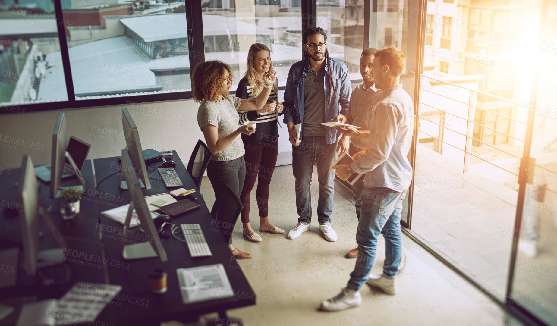 Buy stock photo Meeting, collaboration and teamwork with business people in office for planning, support or diversity. Lens flare, creative and entrepreneur with group of employee in startup for project management