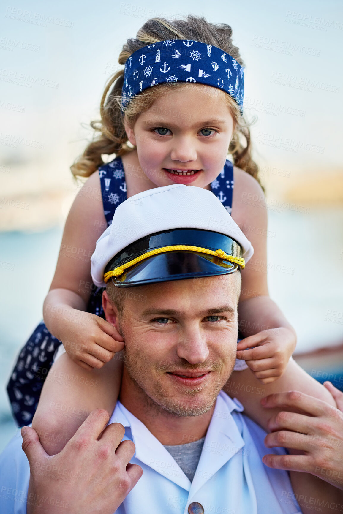 Buy stock photo Sailor, portrait or kid at sea with father or captain at ocean for service duty, reunion or love at harbour. Happy, shoulders and dad with girl for travel return or patriotic hero, family or navy