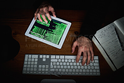 Buy stock photo Hacker, hands and tech for typing code for access, online scam and programming at night. Man, cyber crime and operating system on tablet for virus upload, phishing and fraud activity on internet