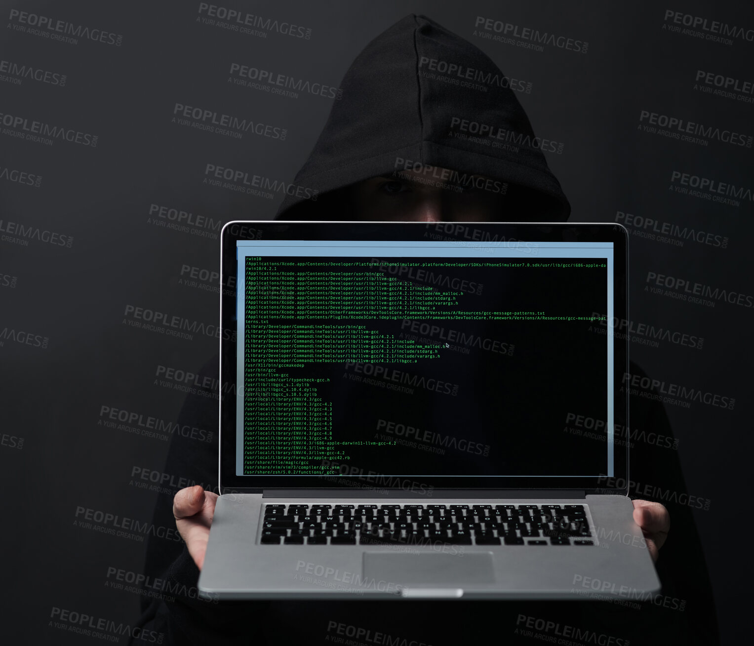 Buy stock photo Dark, hoodie and hacker in studio, laptop and fraud of cybersecurity, online and hiding with screen. Black background, scam and coding of criminal, programming and ransomware with error and person