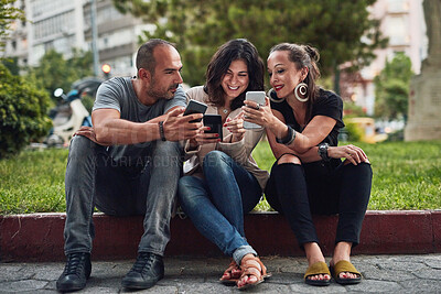 Buy stock photo Phone, smile and travel with couple of friends outdoor in city together for sightseeing or tourism. Directions, location and search with group of people on sidewalk for adventure, holiday or vacation